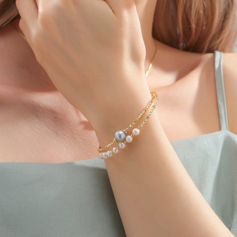 Dual-Layer Gold Beaded Freshwater Pearl Bracelet - House Of Pearls